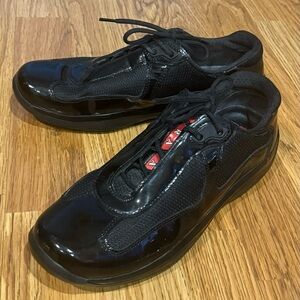 Prada America's Cup Sneakers Black Patent Leather Mesh Lace Up Size 37/7